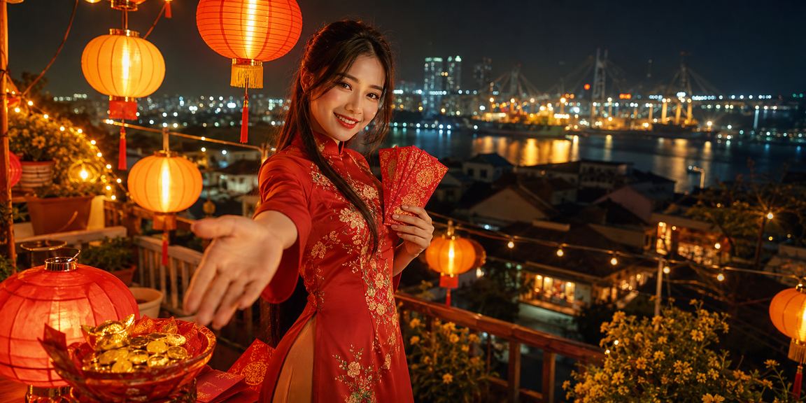 Khung cảnh chợ đêm Hải Phòng với điện thoại và phong bao đỏ